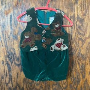Vintage green Valore velvet romper teddy bears Christmas outfit 3-6 months baby
